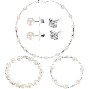 Pearl Rhinestone Jewelry Set for Women Pearl Necklace Bracelets and Earrings